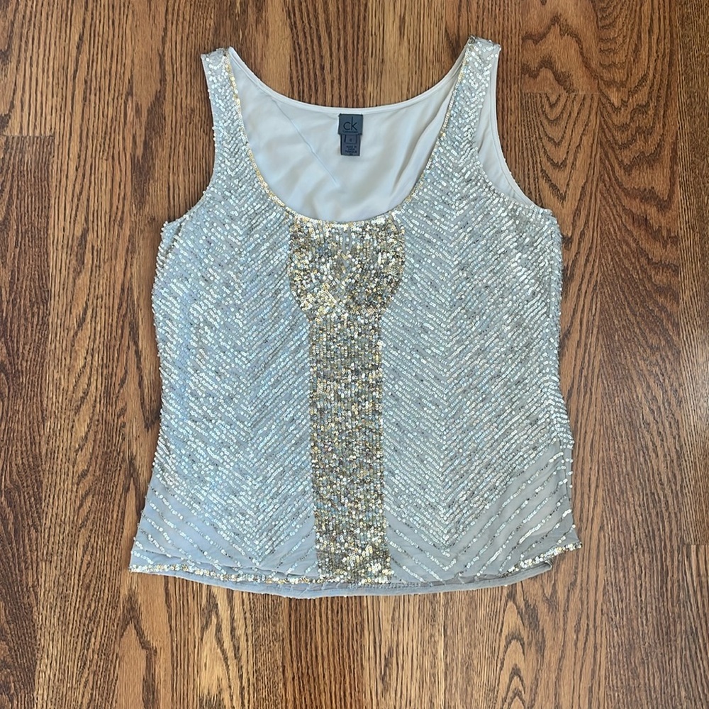 Calvin Klein Two Layered Sequin Tank Top Size 6 Silver Gold Metallic Holiday